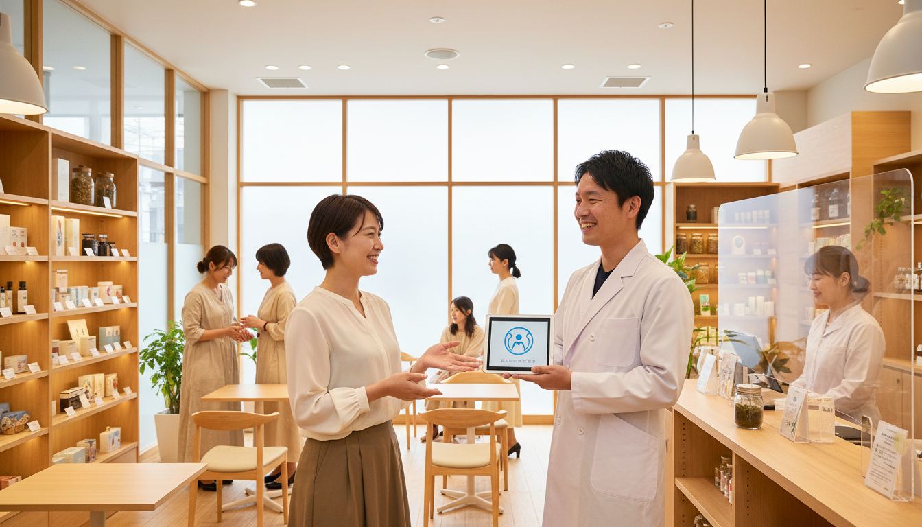 笑顔の薬剤師が患者と交流し、デジタルツールがさりげなく置かれた現代的な薬局の風景。地域に根差した薬局の温かさとデジタル活用の可能性を表現。