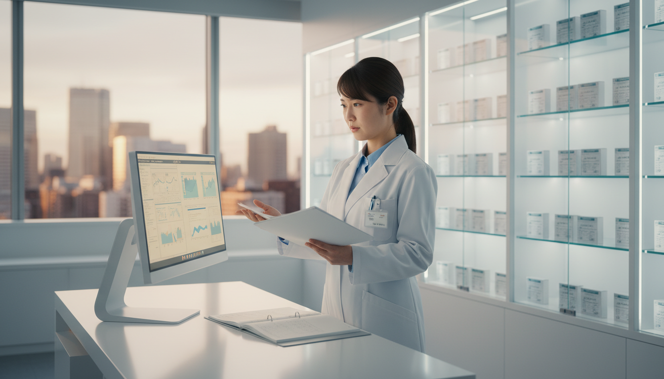 清潔でモダンな薬局内で、書類やPC画面を真剣な表情で確認する日本人薬剤師。専門性とコンプライアンスへの意識を表現。