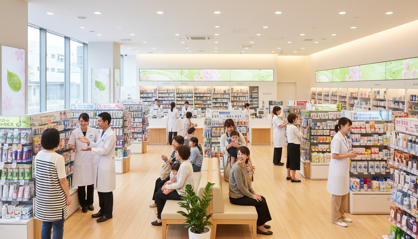 多くの日本人顧客と笑顔の日本人スタッフで賑わう、活気ある現代的な薬局の店内。広告運用による集客成功と地域貢献を象徴する風景。