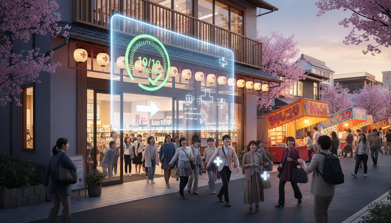 Google広告の品質スコアが高いことを示すデジタル表示と、それを見て薬局に入っていく多くの人々。効率的な集客を表現。