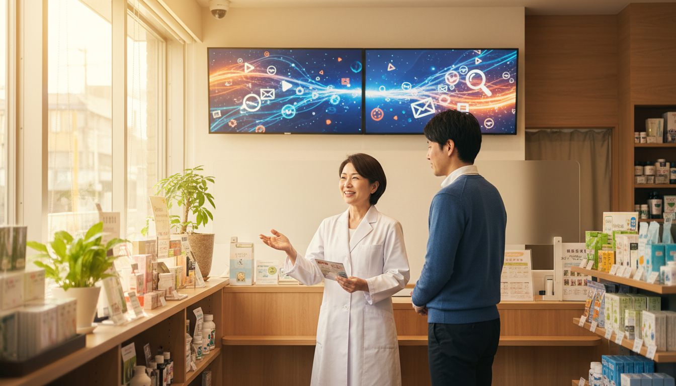 温かい雰囲気の薬局内で、日本人薬剤師が日本人顧客に笑顔で健康アドバイスをしている。背景には、YouTubeやDiscoverなどのデジタルチャネルを通じて情報が広がる様子を抽象的に示唆する視覚要素があり、需要創出を表現している。