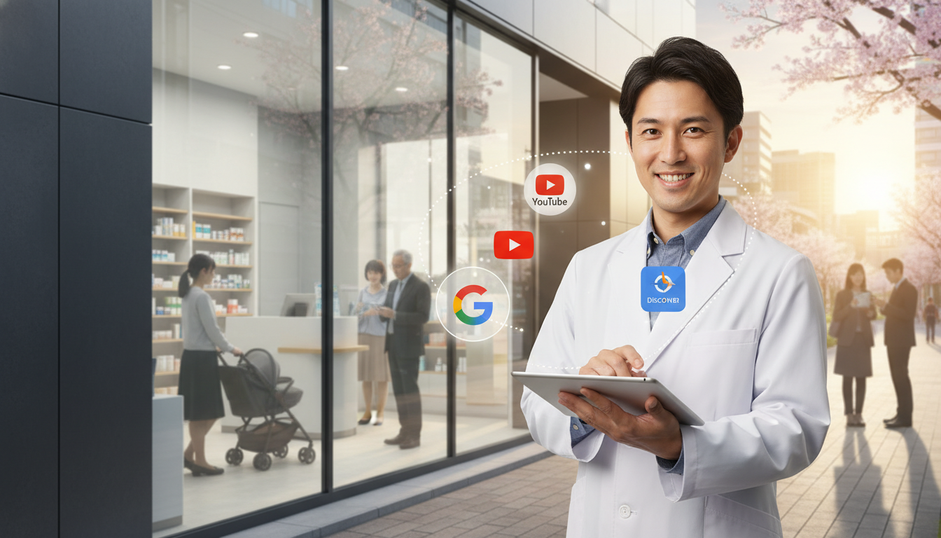 現代的な薬局の前に立つ日本人薬剤師がタブレットやスマートフォンを持っている。デバイスの画面や周囲には、Google検索、YouTube、Discoverのアイコンが浮かび、異なる広告チャネルが連携して機能している様子を表している。地域住民にリーチする包括的なマーケティング戦略を表現。