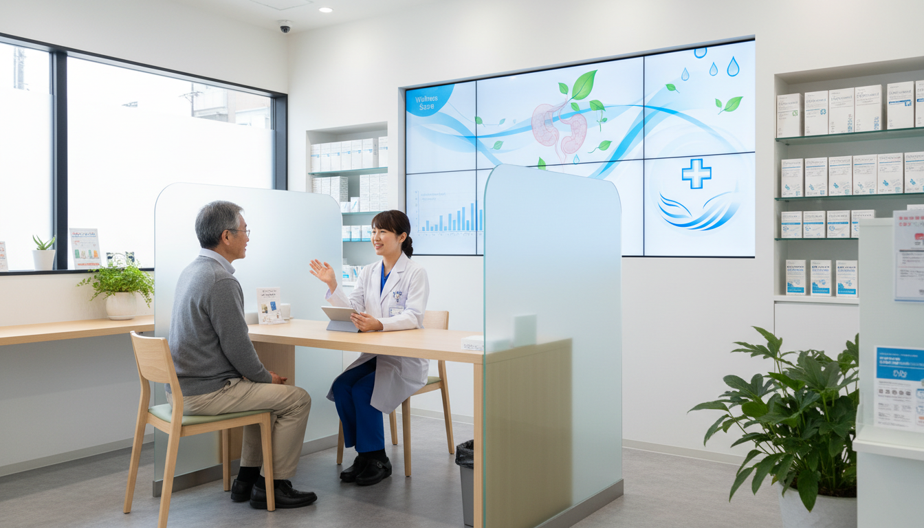 清潔で居心地の良い薬局の相談スペースで、日本人薬剤師が日本人患者と温かい会話をしている。背景には、健康情報や薬局のサービスを魅力的なビジュアルで示すデジタルディスプレイがぼんやりと映り、高品質なクリエイティブの重要性を強調している。